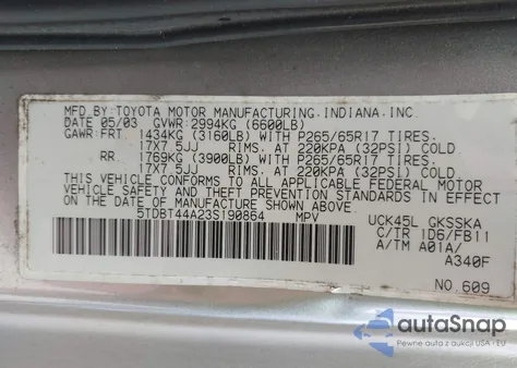 2003 Toyota Sequoia Sr5 V8 from USA, damaged, VIN 5TDBT44A23S190864